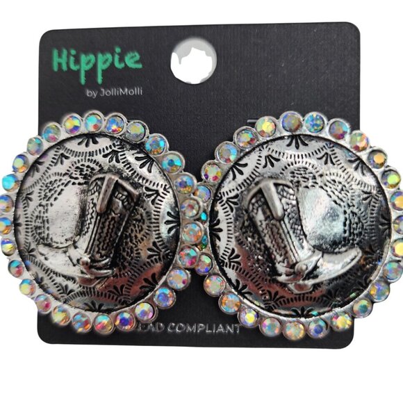 HIPPIE Silver Concho Cowboy Boot Earrings NWT - Picture 1 of 4